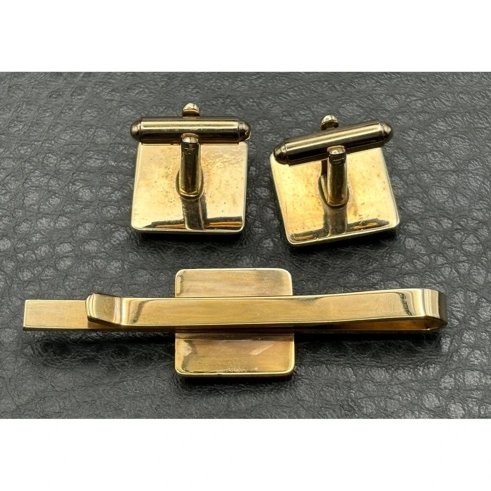 Vintage Knight Heraldic Soldier Blue Guilloche Enamel Cufflinks Tie Clip Set